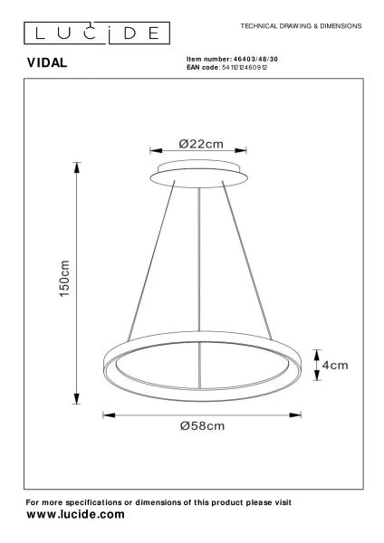 Lucide VIDAL - Suspension - Ø 58 cm - LED Dim. - 1x48W 2700K - Noir - technique